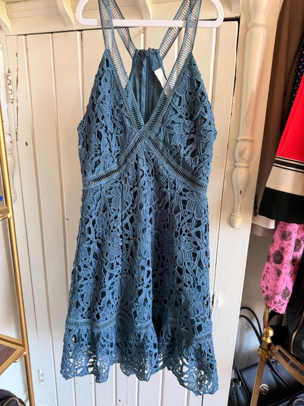 Astr Crochet Lace Navy Halter Dress